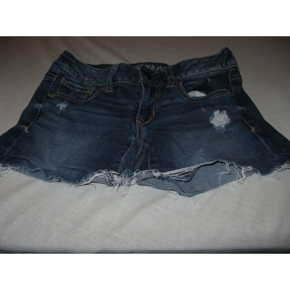 Womens American Eagle Blue Denim Super Stretch Cut Off Mini Booty Shorts Size 2